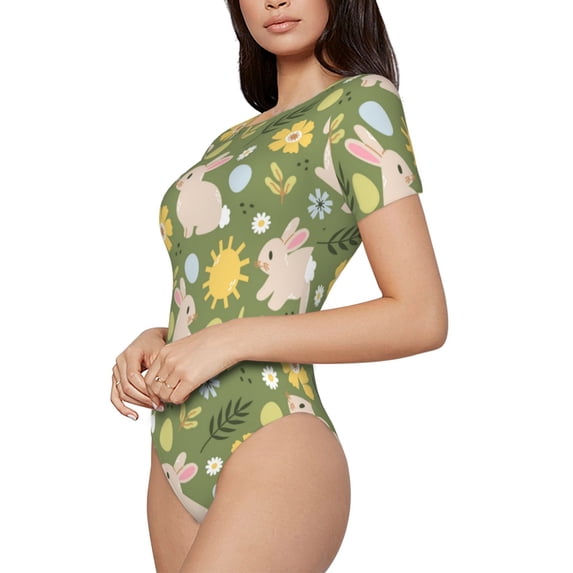 Uemuo Happy Easter Pattern Women's One Piece Short Sleeve Swimsuit Rash Guard Surfing Modest Quick-drying Swimsuit Beach Essentials-Medium