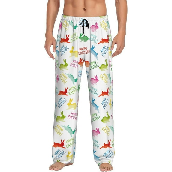 Uemuo Happy Easter Rabbit Pattern Men's Wide Leg Palazzo Lounge Pants with Pockets Light Weight Loose Comfy Casual Pajama Pants-Small