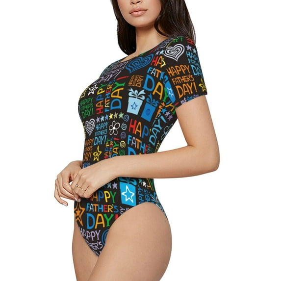 Uemuo Happy Father Day Pattern Women's One Piece Short Sleeve Swimsuit Rash Guard Surfing Modest Quick-drying Swimsuit Beach Essentials-Small
