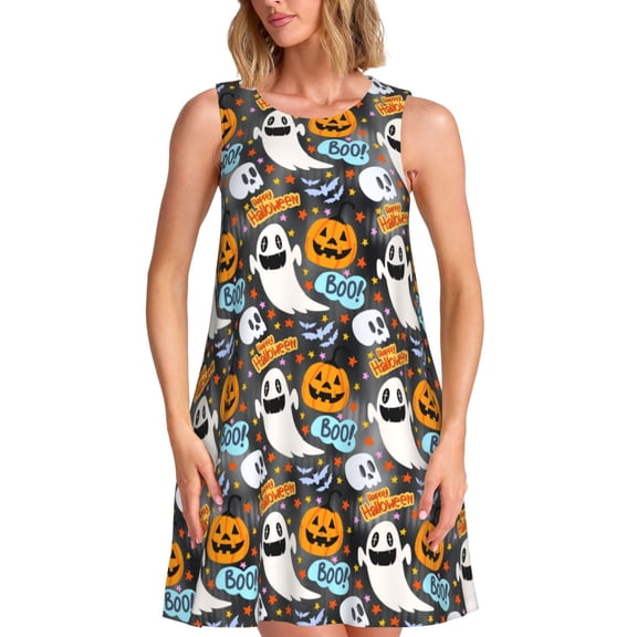 Uemuo Happy Halloween2 Pattern Women’s Sleeveless Dress – Casual Summer A-Line Dress, Stylish and Comfortable Sundress for Hot Weather