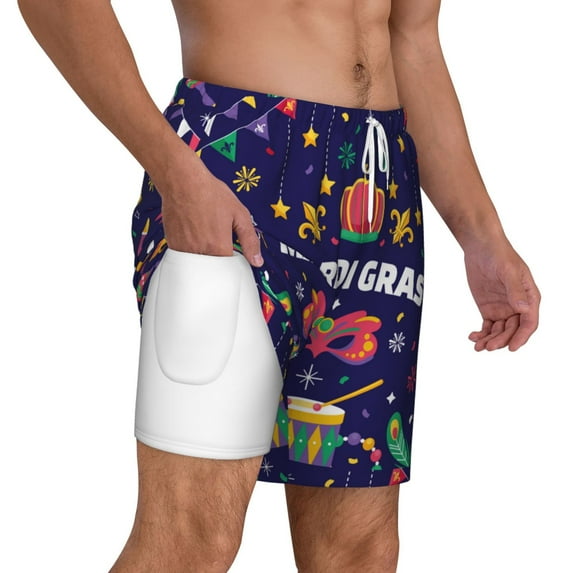 Uemuo Happy Mardi Gras Pattern Mens Swim Trunks Quick Dry Board Shorts with Mesh Lining, Stretch Beach Shorts Quick Dry No-Chafing Board Shorts-X-Large
