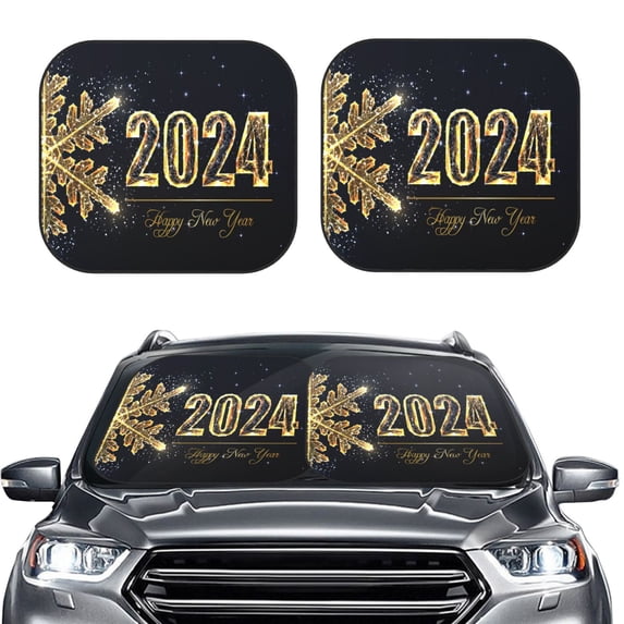 Uemuo Happy New Year 2024 (5) Printed 2 PCS Car Windshield Sun Shade, Auto Sun Heat and UV Rays Blocker, Foldable Automotive Front Window Sunshade Protector
