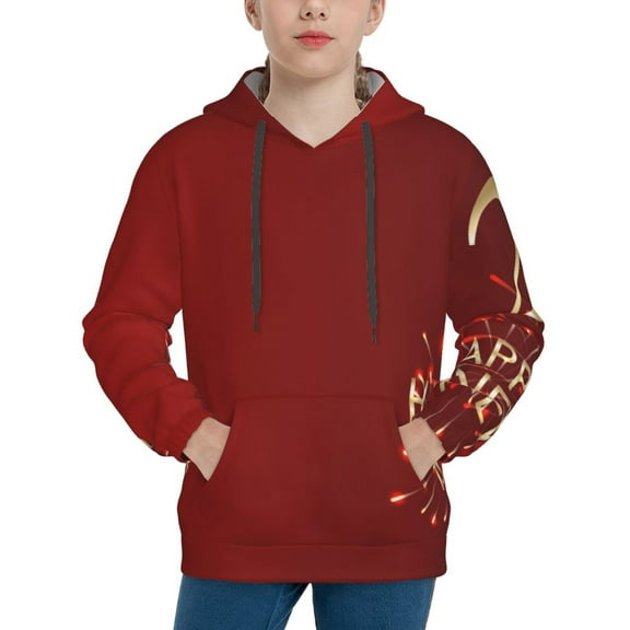 Uemuo Happy New Year 2025 Pattern Hooded Sweatshirt for Youth Pullover with Kangaroo Pocket Trendy youth sweatshirt Casual Hoodie for Boys and Girls-X-Large
