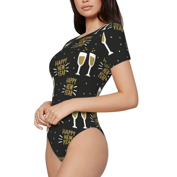 Uemuo Happy New Year Pattern Women's One Piece Short Sleeve Swimsuit Rash Guard Surfing Modest Quick-drying Swimsuit Beach Essentials-X-Large