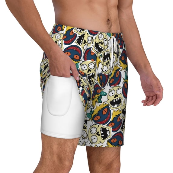 Uemuo Happy Skeleton Pattern Mens Swim Trunks Quick Dry Board Shorts with Mesh Lining, Stretch Beach Shorts Quick Dry No-Chafing Board Shorts-3X-Large