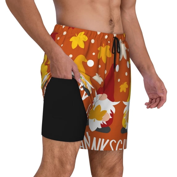 Uemuo Happy Thanksgiving Three Gnomes Pattern Mens Swim Trunks Quick Dry Board Shorts with Mesh Lining, Stretch Beach Shorts Quick Dry No-Chafing Board Shorts-