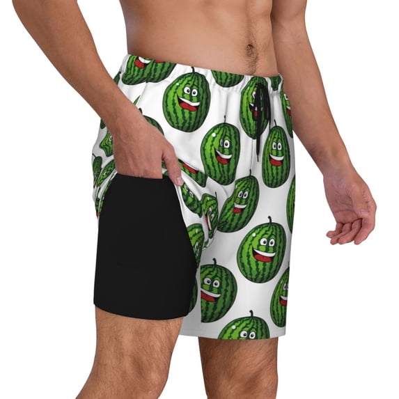 Uemuo Happy Watermelon Pattern Mens Swim Trunks Quick Dry Board Shorts with Mesh Lining, Stretch Beach Shorts Quick Dry No-Chafing Board Shorts-3X-Large
