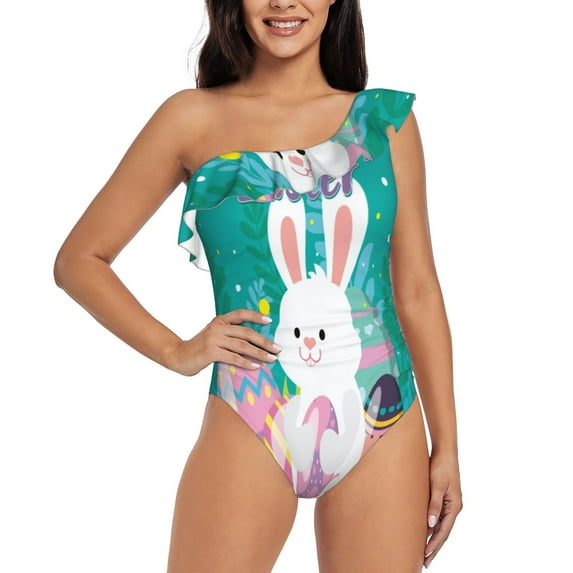 Uemuo Happy easter Print Women's One Piece Swimsuit Asymmetrical Neck Bathing Suit One Shoulder Side Cutout Ruffle Swimwear-X-Large
