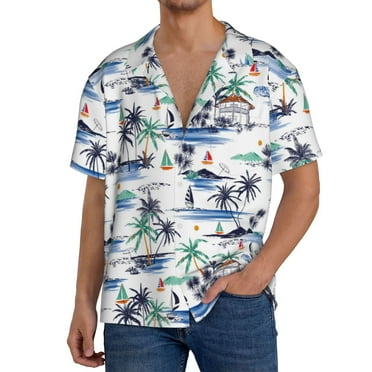 Uemuo Hawaii Palms Pattern Cotton Linen Short Sleeve Shirts,Casual Lightweight Button Down Shirts,Vacation Beach Summer Tops-Medium