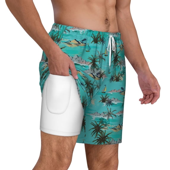 Uemuo Hawaii Palms Pattern Mens Swim Trunks Quick Dry Board Shorts with Mesh Lining, Stretch Beach Shorts Quick Dry No-Chafing Board Shorts-Small