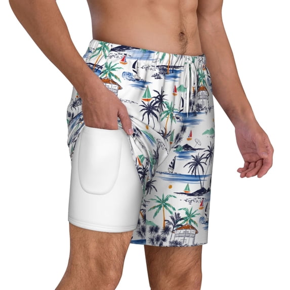 Uemuo Hawaii Palms Pattern Mens Swim Trunks Quick Dry Board Shorts with Mesh Lining, Stretch Beach Shorts Quick Dry No-Chafing Board Shorts-Small