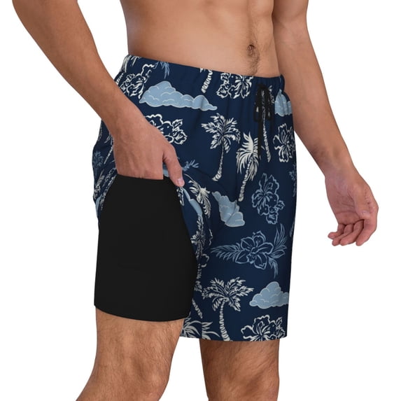 Uemuo Hawaii Palms Pattern Mens Swim Trunks Quick Dry Board Shorts with Mesh Lining, Stretch Beach Shorts Quick Dry No-Chafing Board Shorts-Small