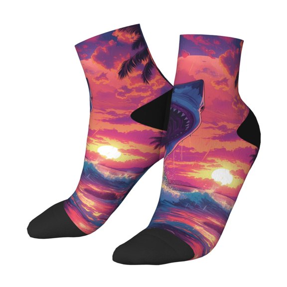 Uemuo Hawaiian Island Beach Shark Printed Crew Socks, Moisture-Wicking Socks, Athletic Socks for Men Breathable Cushion Socks Casual Sport Socks for Running Traveling