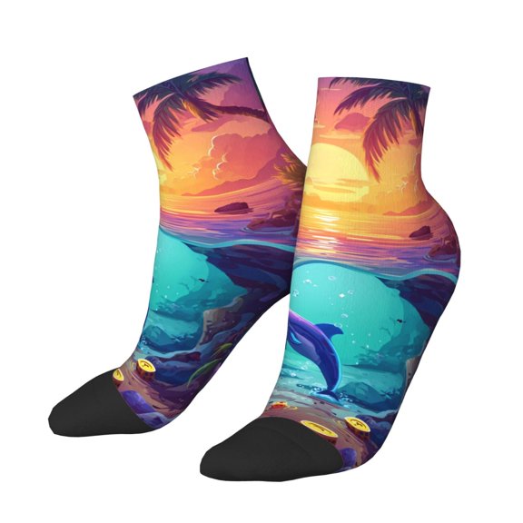 Uemuo Hawaiian Island Dolphin Printed Crew Socks, Moisture-Wicking Socks, Athletic Socks for Men Breathable Cushion Socks Casual Sport Socks for Running Traveling