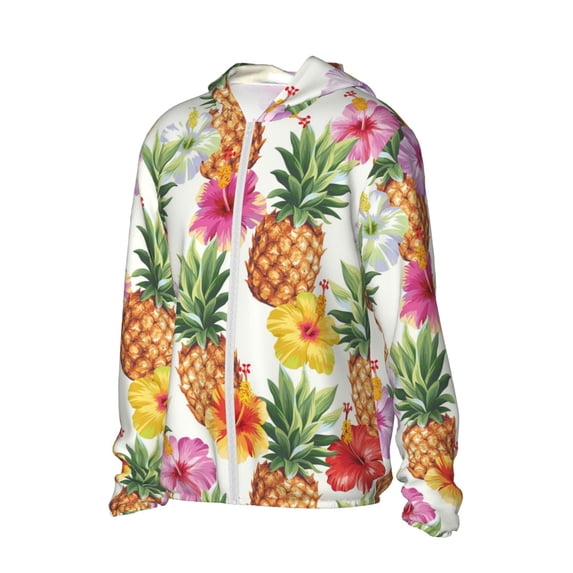 Uemuo Hawaiian Pineappl Pattern Women's Full Zip UPF 50+ Sun Protection Hoodie Jacket Long Sleeve Sun Shirt Hiking Outdoor Performance with Pockets-3X-Large