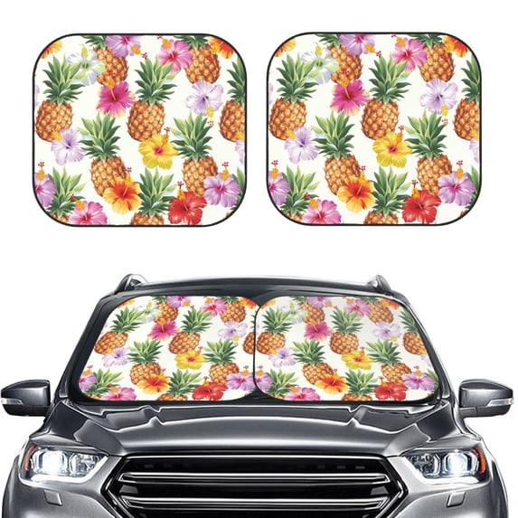 Uemuo Hawaiian Pineappl Printed 2 PCS Car Windshield Sun Shade, Auto Sun Heat and UV Rays Blocker, Foldable Automotive Front Window Sunshade Protector