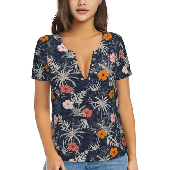 Uemuo Hawaiian Style Drawing Women's Deep V-Neck Low Cut Tops - Casual Loose Fit with Stainless Steel Loop, Soft, Breathable, Perfect for Office, Travel, and Daily Wear-X-Large