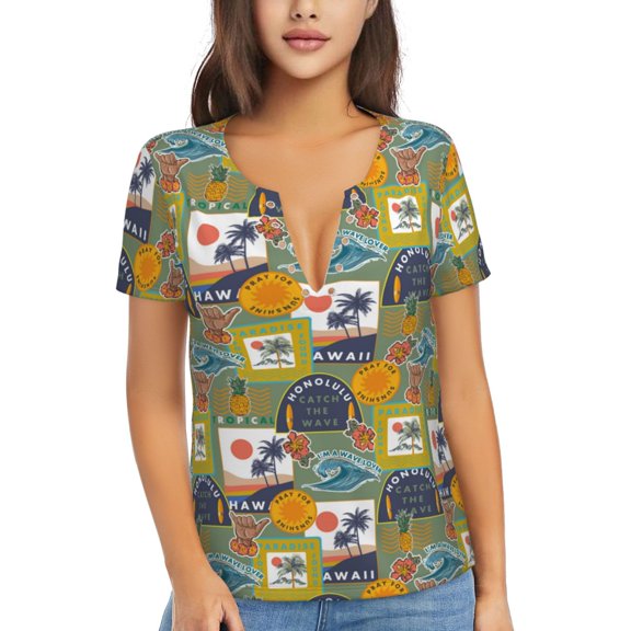 Uemuo Hawaiian Style Drawing Women's Deep V-Neck Low Cut Tops - Casual Loose Fit with Stainless Steel Loop, Soft, Breathable, Perfect for Office, Travel, and Daily Wear-Small