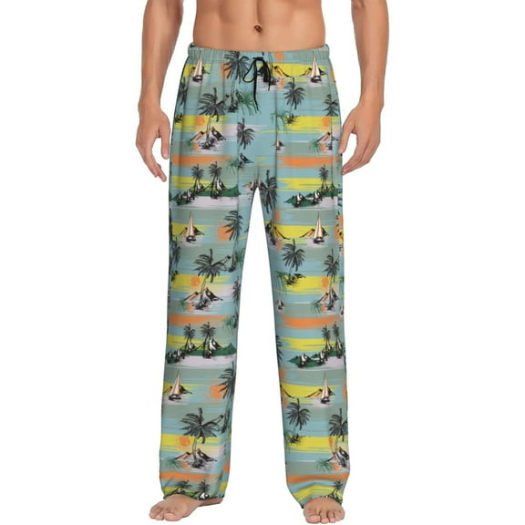 Uemuo Hawaiian Style Pattern Men's Wide Leg Palazzo Lounge Pants with Pockets Light Weight Loose Comfy Casual Pajama Pants-Medium