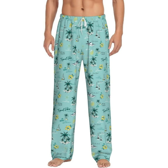 Uemuo Hawaiian Style Pattern Men's Wide Leg Palazzo Lounge Pants with Pockets Light Weight Loose Comfy Casual Pajama Pants-X-Large