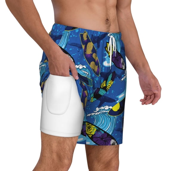 Uemuo Hawaiian Style Pattern Mens Swim Trunks Quick Dry Board Shorts with Mesh Lining, Stretch Beach Shorts Quick Dry No-Chafing Board Shorts-Small