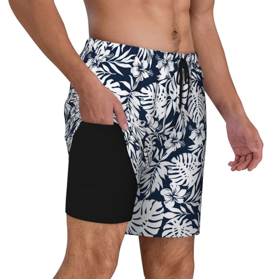 Uemuo Hawaiian Style Pattern Mens Swim Trunks Quick Dry Board Shorts with Mesh Lining, Stretch Beach Shorts Quick Dry No-Chafing Board Shorts-Small