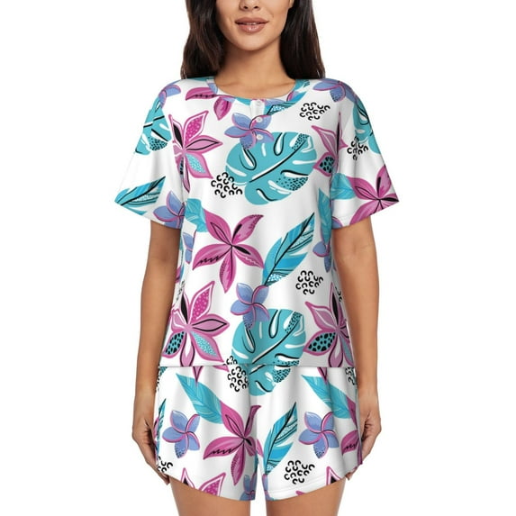 Uemuo Hawaiian Style Pattern Women's Short-Sleeved Pajama, Button-Front Loungewear, 2-Piece Summer Sleepwear, Elastic Drawstring Shorts-X-Large