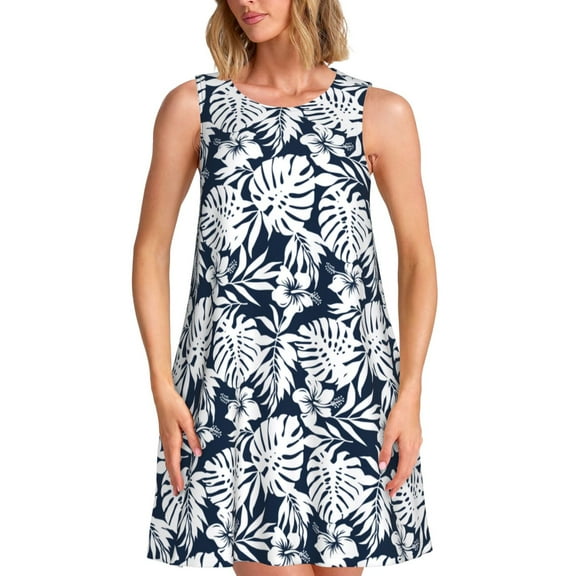 Uemuo Hawaiian Style Pattern Women’s Sleeveless Dress – Casual Summer A-Line Dress, Stylish and Comfortable Sundress for Hot Weather