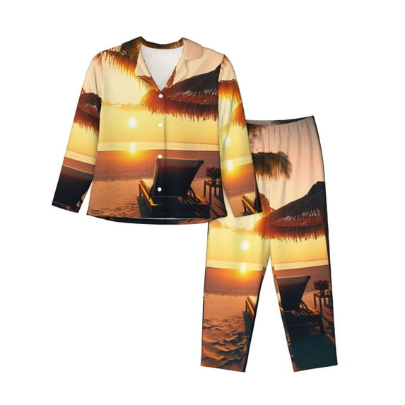 Uemuo Hawaiian Sunset Beach Pattern Womens Pajama Sets,PJ Set for Women,Pajamas for Women Logo,Long Sleeve Pajama Set for Women,Soft Long Sleeve Top With Pants-Small