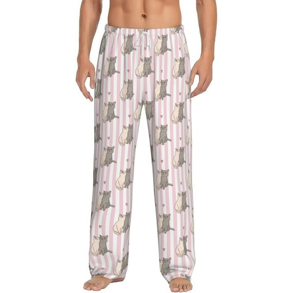 Uemuo Heart Cat Pattern Men's Wide Leg Palazzo Lounge Pants with Pockets Light Weight Loose Comfy Casual Pajama Pants-Small