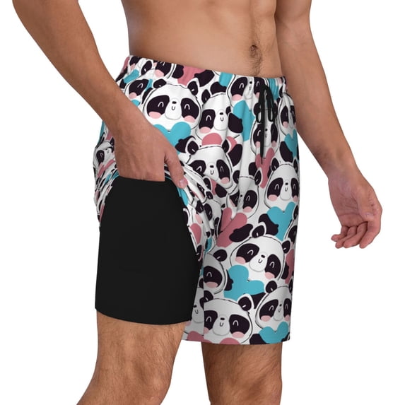 Uemuo Heart Panda Pattern Mens Swim Trunks Quick Dry Board Shorts with Mesh Lining, Stretch Beach Shorts Quick Dry No-Chafing Board Shorts-