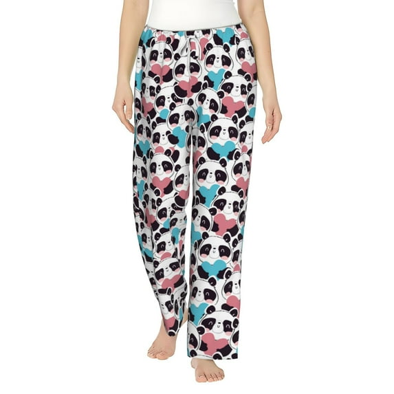 Uemuo Heart Panda Pattern Women's Wide Leg Palazzo Lounge Pants with Pockets Light Weight Loose Comfy Casual Pajama Pants-Small