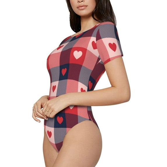 Uemuo Heart Plaid Pattern Women's One Piece Short Sleeve Swimsuit Rash Guard Surfing Modest Quick-drying Swimsuit Beach Essentials-Small