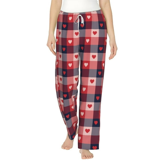 Uemuo Heart Plaid Pattern Women's Wide Leg Palazzo Lounge Pants with Pockets Light Weight Loose Comfy Casual Pajama Pants-X-Large