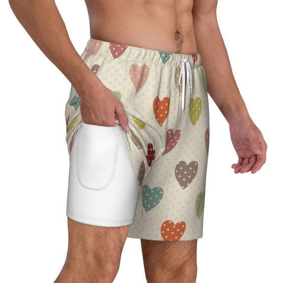 Uemuo Heart Polka Dot Pattern Mens Swim Trunks Quick Dry Board Shorts with Mesh Lining, Stretch Beach Shorts Quick Dry No-Chafing Board Shorts-Small