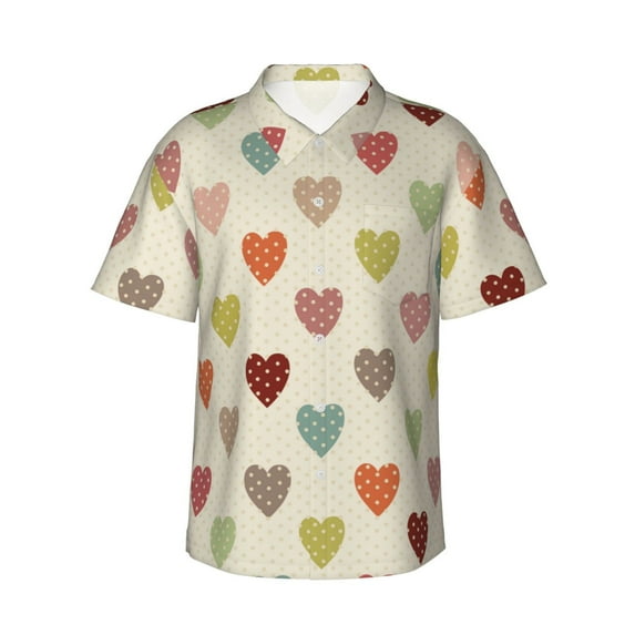 Uemuo Heart Polka Dot Printed Regular Fit Short Sleeve Casual Hawaiian Shirt for Men,Aloha shirt,Tropical shirt,Floral print shirt,Vacation Beach shirt-Large
