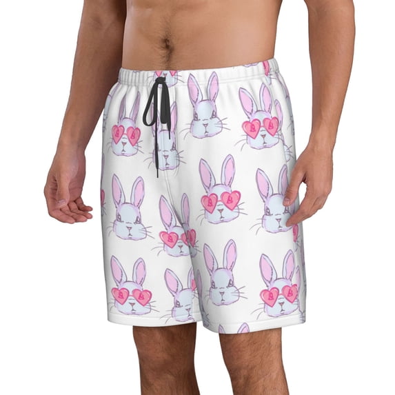 Uemuo Heart Rabbit Pattern Men's Swim Trunks Hawaiian Beach Bathing Suit Swimsuits Beach Quick-Dry Shorts with Pockets-X-Large