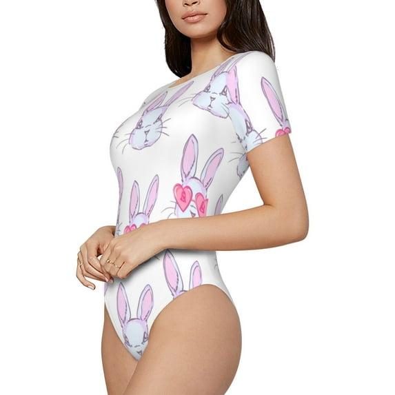 Uemuo Heart Rabbit Pattern Women's One Piece Short Sleeve Swimsuit Rash Guard Surfing Modest Quick-drying Swimsuit Beach Essentials-Small