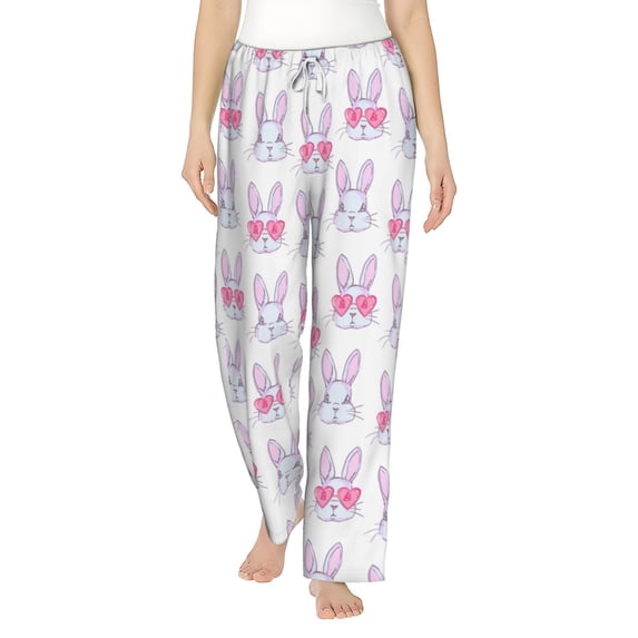 Uemuo Heart Rabbit Pattern Women's Wide Leg Palazzo Lounge Pants with Pockets Light Weight Loose Comfy Casual Pajama Pants-Medium