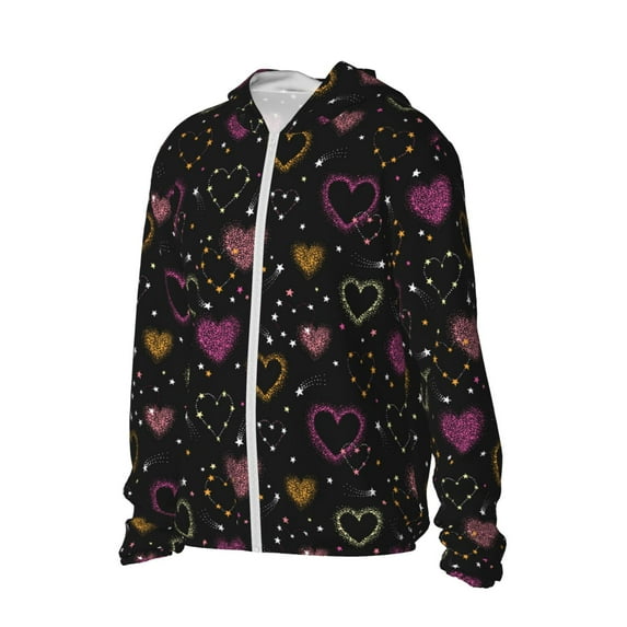 Uemuo Heart and Stars Pattern Women's Full Zip UPF 50+ Sun Protection Hoodie Jacket Long Sleeve Sun Shirt Hiking Outdoor Performance with Pockets-XX-Large