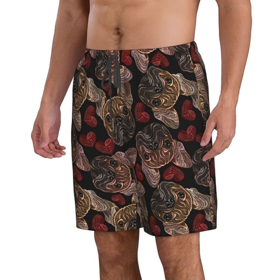 Uemuo Hearts and French Bulldog Pattern Men's Swim Trunks Hawaiian Beach Bathing Suit Swimsuits Beach Quick-Dry Shorts with Pockets-Large