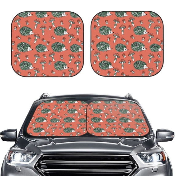Uemuo Hedgehog Mushroom Printed 2 PCS Car Windshield Sun Shade, Auto Sun Heat and UV Rays Blocker, Foldable Automotive Front Window Sunshade Protector