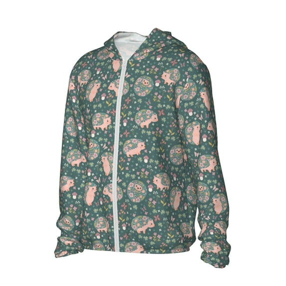 Uemuo Hedgehogs and Flowers Pattern Women's Full Zip UPF 50+ Sun Protection Hoodie Jacket Long Sleeve Sun Shirt Hiking Outdoor Performance with Pockets-XX-Large