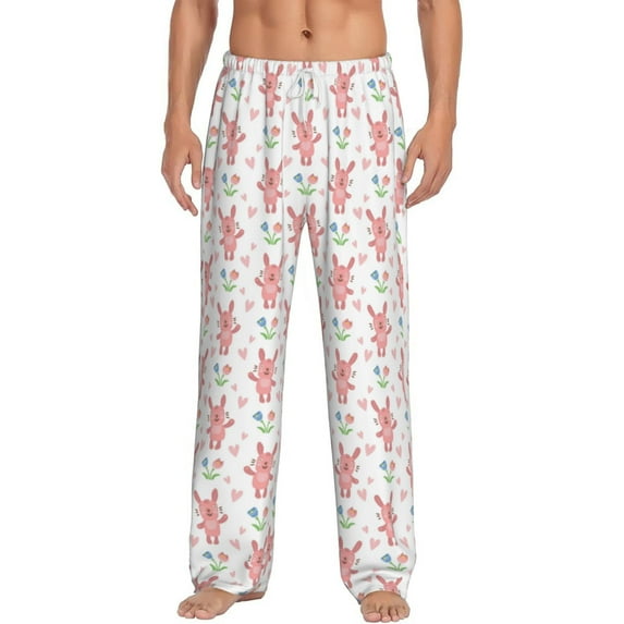 Uemuo Hello Rabbit Pattern Men's Wide Leg Palazzo Lounge Pants with Pockets Light Weight Loose Comfy Casual Pajama Pants-Small