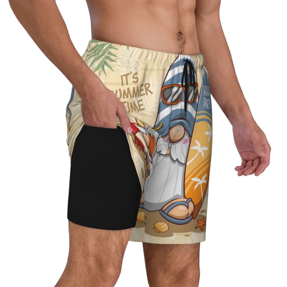 Uemuo Hello Summer Cute Gnome Pattern Mens Swim Trunks Quick Dry Board Shorts with Mesh Lining, Stretch Beach Shorts Quick Dry No-Chafing Board Shorts-Large