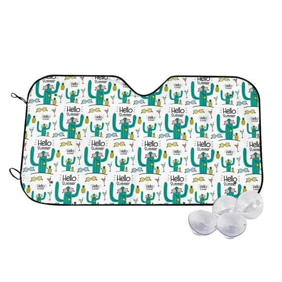 Uemuo Hello Summer Pattern Accordion Car Windshield Sun Shade, Foldable Reflective Sun Visor for Car, Reflector Windshield Sunshade-Small