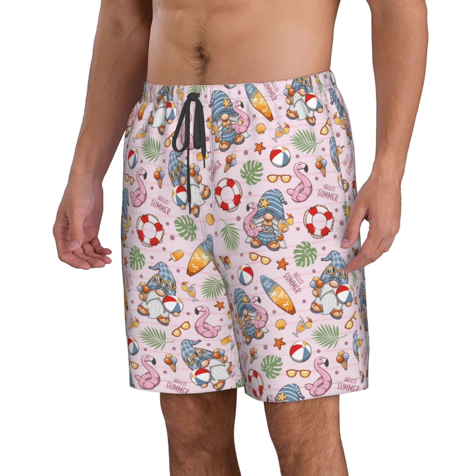 Uemuo Hello Summer With Gnome Pattern Men's Swim Trunks Hawaiian Beach