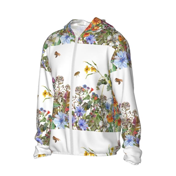 Uemuo Herbs and Wildflowers Pattern Women's Full Zip UPF 50+ Sun Protection Hoodie Jacket Long Sleeve Sun Shirt Hiking Outdoor Performance with Pockets-X-Large