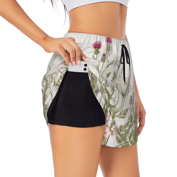 Uemuo Herbs and Wildflowers Pattern Women's Athletic Shorts High Waisted Running Shorts with Liner Pockets Gym Elastic Workout Shorts-XX-Large