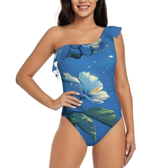 Uemuo Hibiscus Flowers Calm Water Print Women's One Piece Swimsuit Asymmetrical Neck Bathing Suit One Shoulder Side Cutout Ruffle Swimwear-X-Large